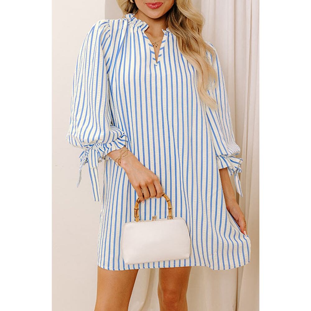 Sky Blue Stripe Knotted Bracelet Sleeve Notched Mini Dress - Size US 16-18